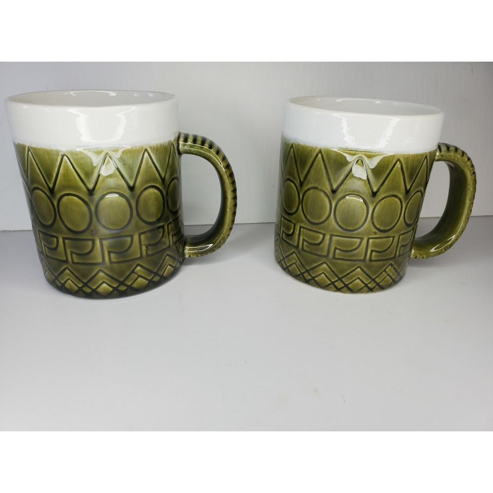☕TWO 60's Geometric Artistic Green White Coffee‎ Mug Cup Portugal - Picture 4 of 7